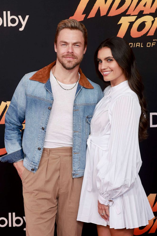 PHOTO: Derek Hough and Hayley Erbert attend the Los Angeles Premiere of LucasFilms' "Indiana Jones And The Dial Of Destiny" June 14, 2023, in Hollywood, Calif.