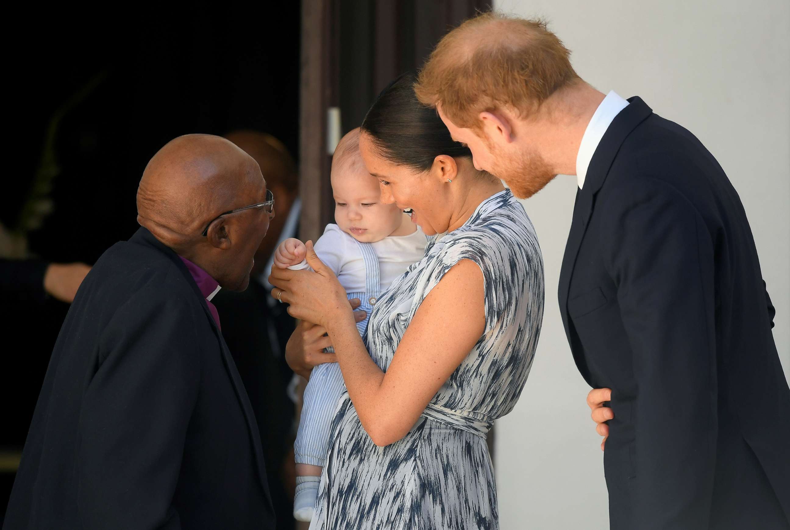 PHOTO: Britain's Prince Harry and his wife Meghan, Duchess of Sussex, holding their son Archie, meet Archbishop Desmond Tutu at the Desmond & Leah Tutu Legacy Foundation in Cape Town, South Africa, Sept. 25, 2019.