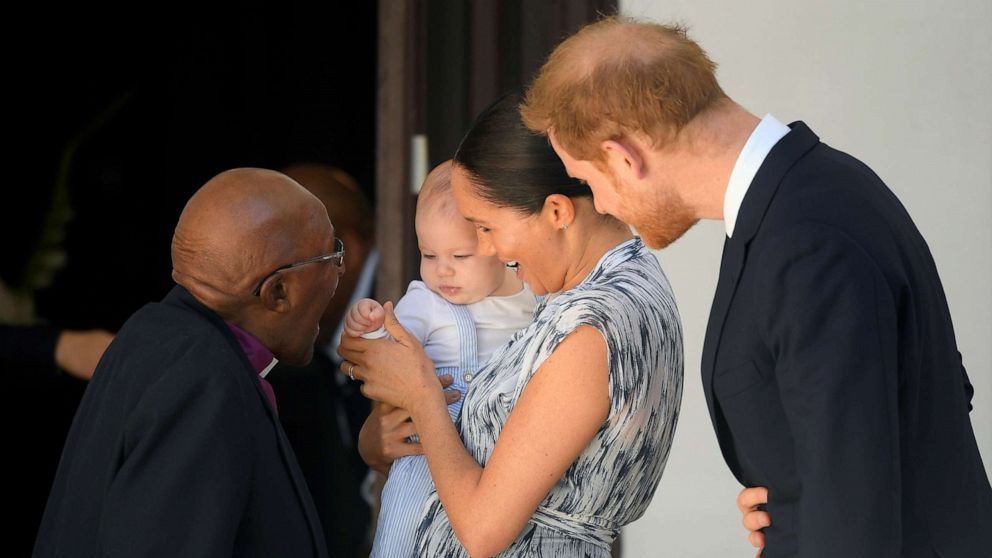PHOTO: Britain's Prince Harry and his wife Meghan, Duchess of Sussex, holding their son Archie, meet Archbishop Desmond Tutu at the Desmond & Leah Tutu Legacy Foundation in Cape Town, South Africa, Sept. 25, 2019.