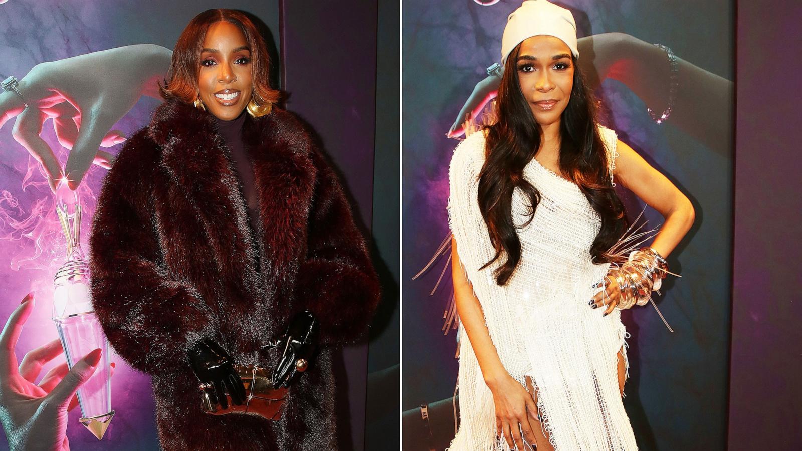 PHOTO: Kelly Rowland and Michelle Williams pose at the opening night of the new musical based on the film "Death Becomes Her" on Broadway at The Lunt-Fontanne Theatre on Nov. 21, 2024 in New York City.