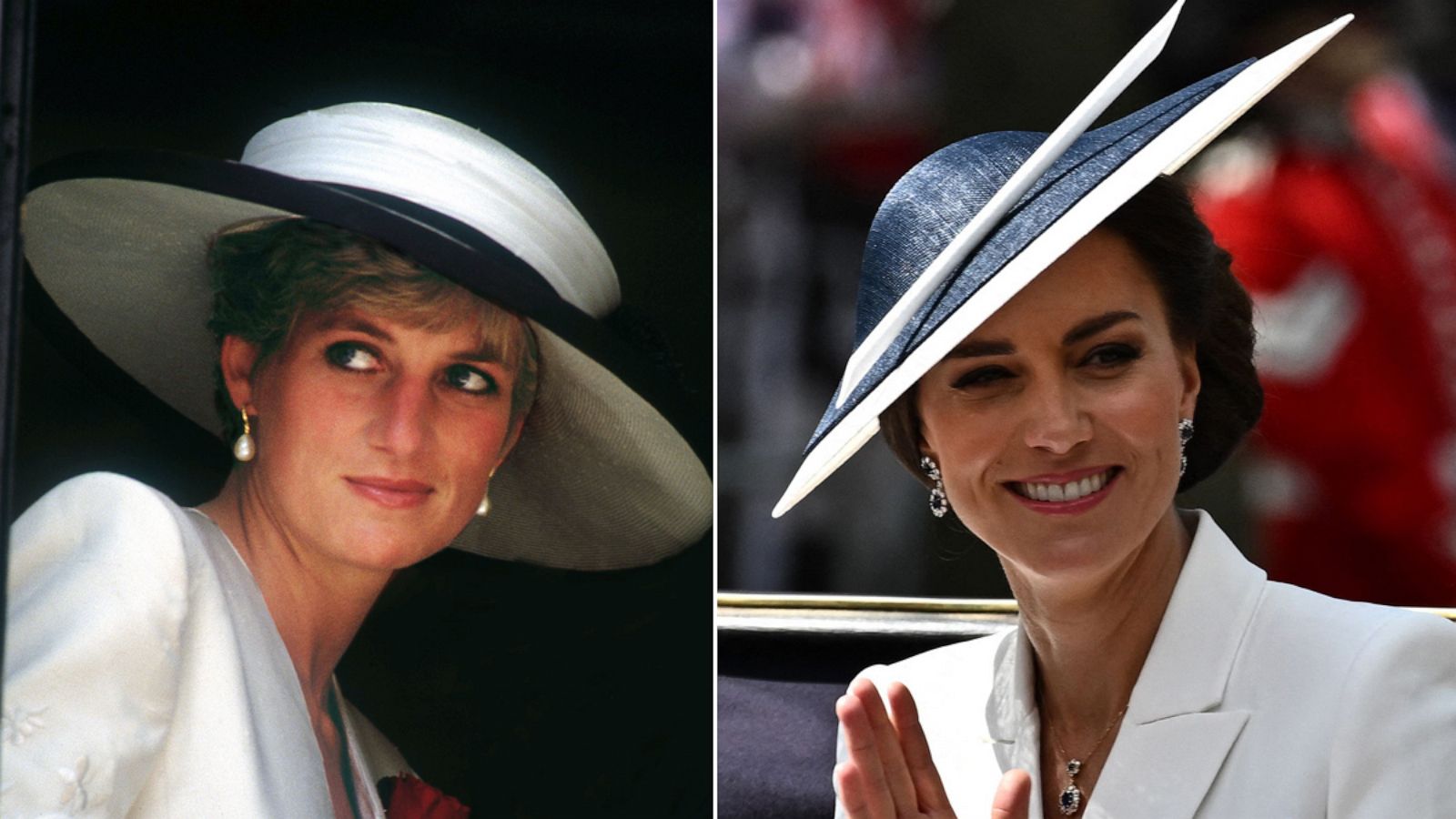 PHOTO: Princess Diana celebrating the safe return of the Royal Hampshire Regiment from the Gulf War, in Aug, 1991. | Catherine, Duchess of Cambridge during the Queen's Birthday Parade in London on June 2, 2022.