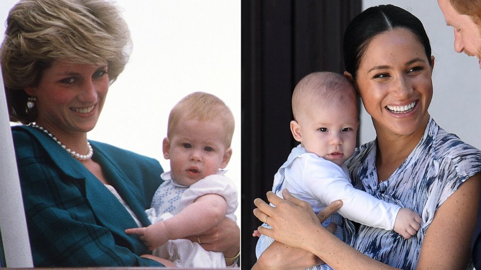 PHOTO: Princess Diana holds her son Harry, left, Meghan, Duchess of Sussex, holds her son Archie, right.