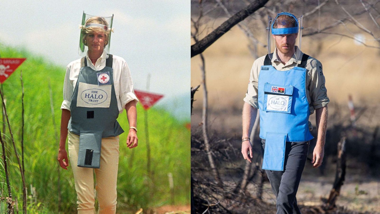 PHOTO: Princess Diana walking through a minefield in this undated file photo and Prince Harry walks through a minefield in Dirico, Angola, Sept. 27, 2019.