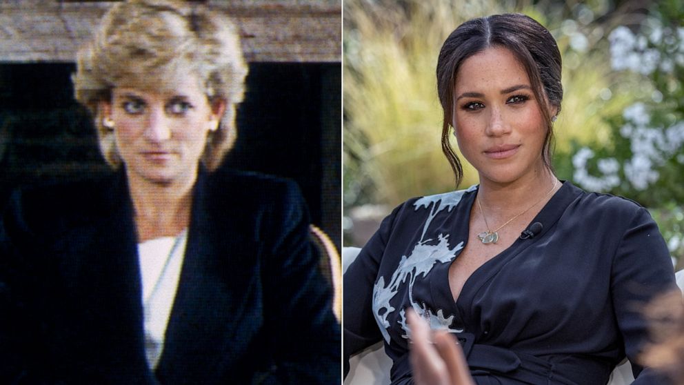 PHOTO: Princess Diana during an interview with Martin Bashir for Panorama, Nov. 20, 1995, left, and Meghan, Duchess of Sussex, during an interview with Oprah Winfrey, that aired March 7, 2021.