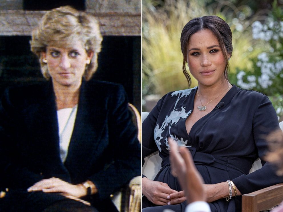 PHOTO: Princess Diana during an interview with Martin Bashir for Panorama, 
Nov. 20, 1995, left, and Meghan, Duchess of Sussex, during an interview with Oprah Winfrey, that aired March 7, 2021.