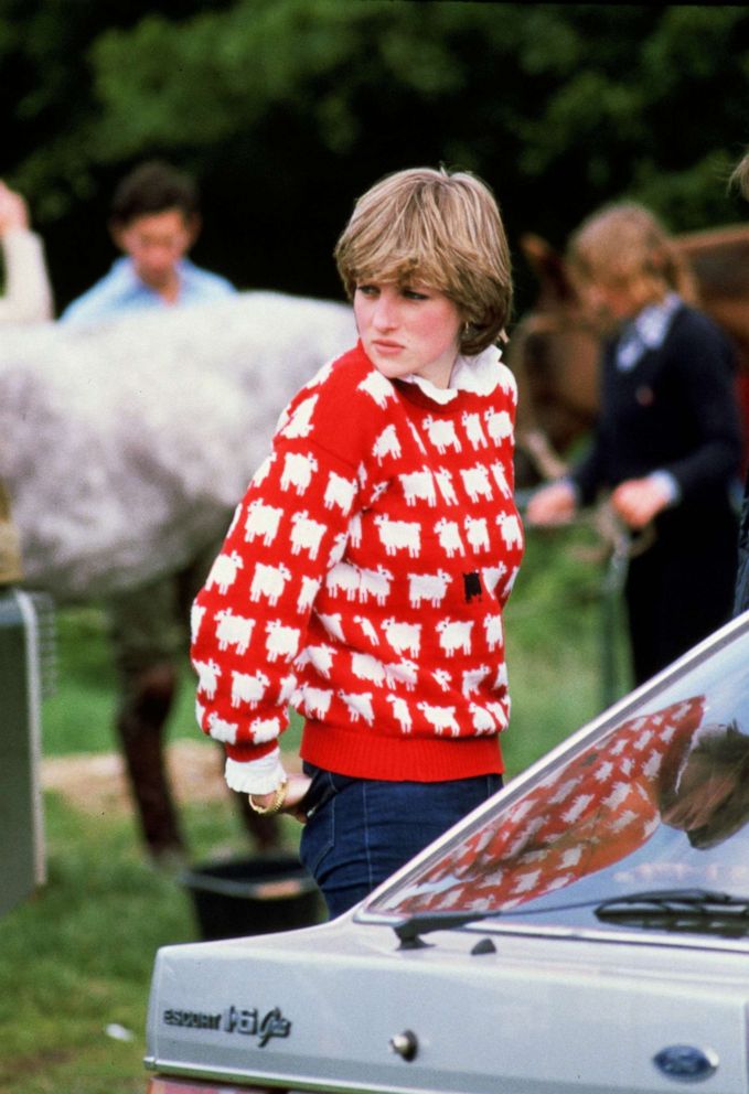 PHOTO: Diana, Princess of Wales, is seen wearing her "Black Sheep" wool jumper to Windsor Polo in June of 1981.