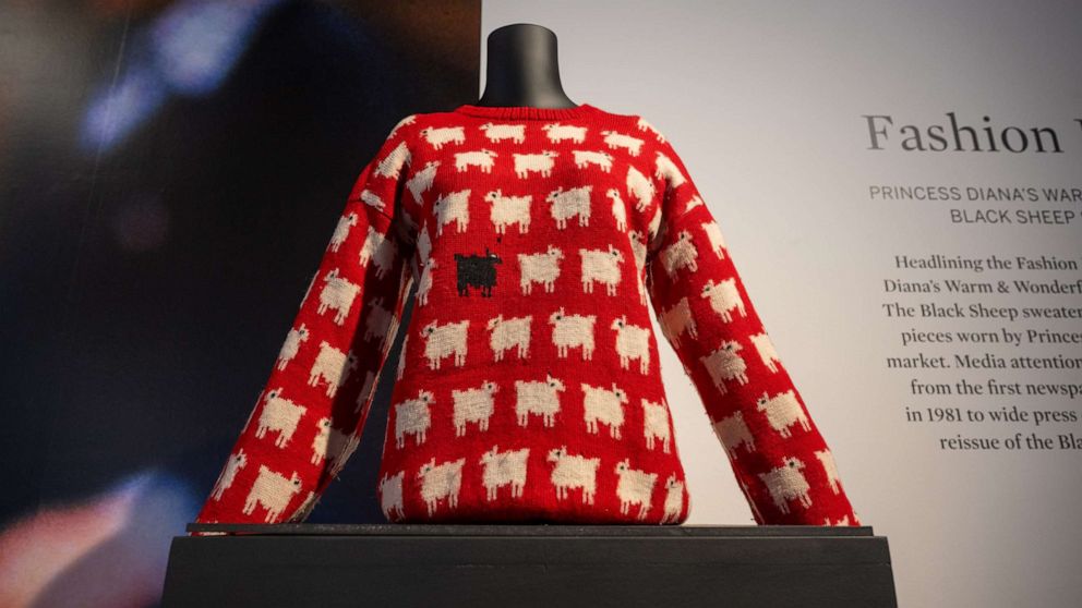PHOTO: Princess Diana's Black Sheep Sweater is on display on the first day it is in New York at Sotheby's, Sept. 7, 2023, in New York.