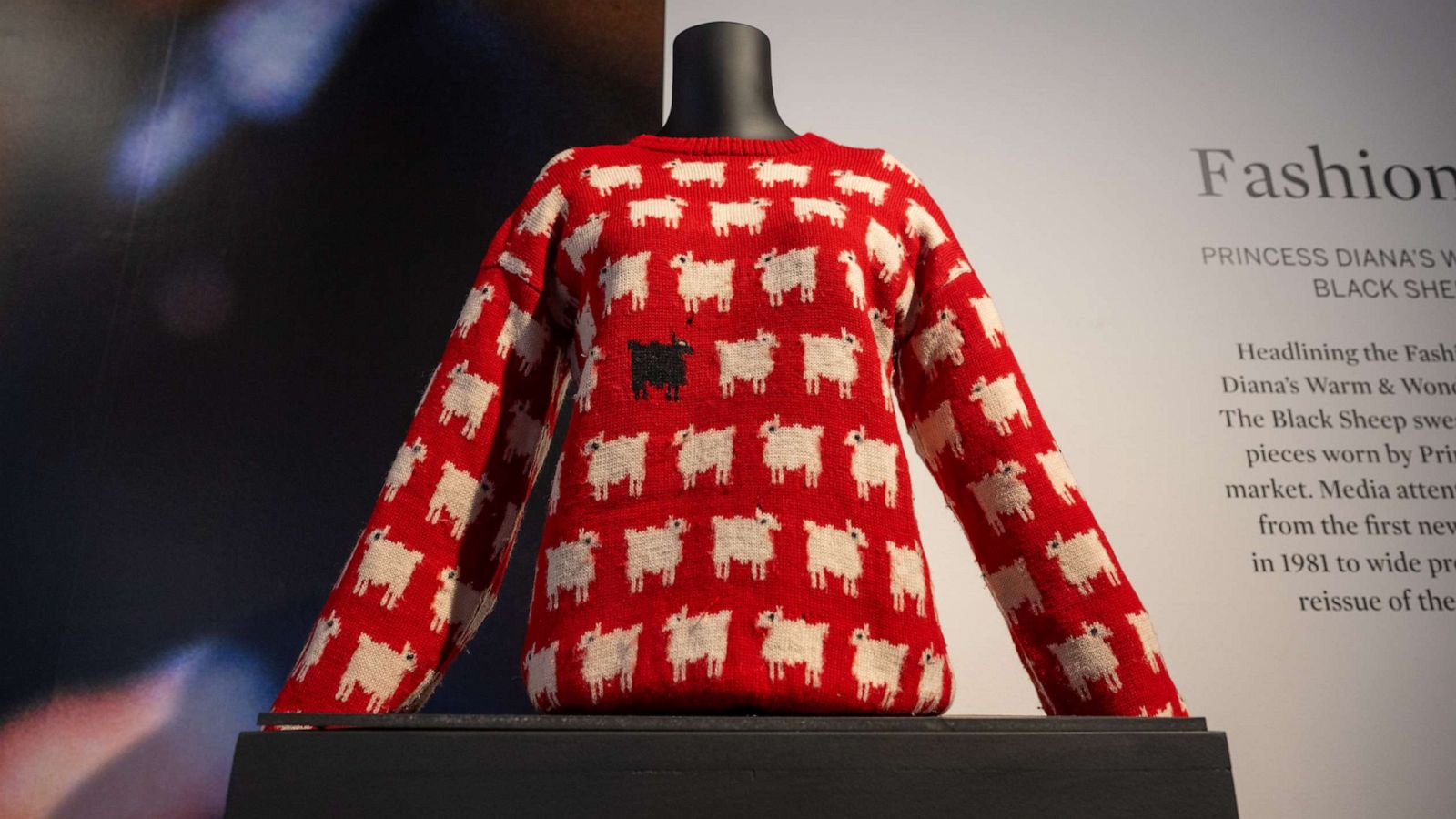 PHOTO: Princess Diana's Black Sheep Sweater is on display on the first day it is in New York at Sotheby's, Sept. 7, 2023, in New York.