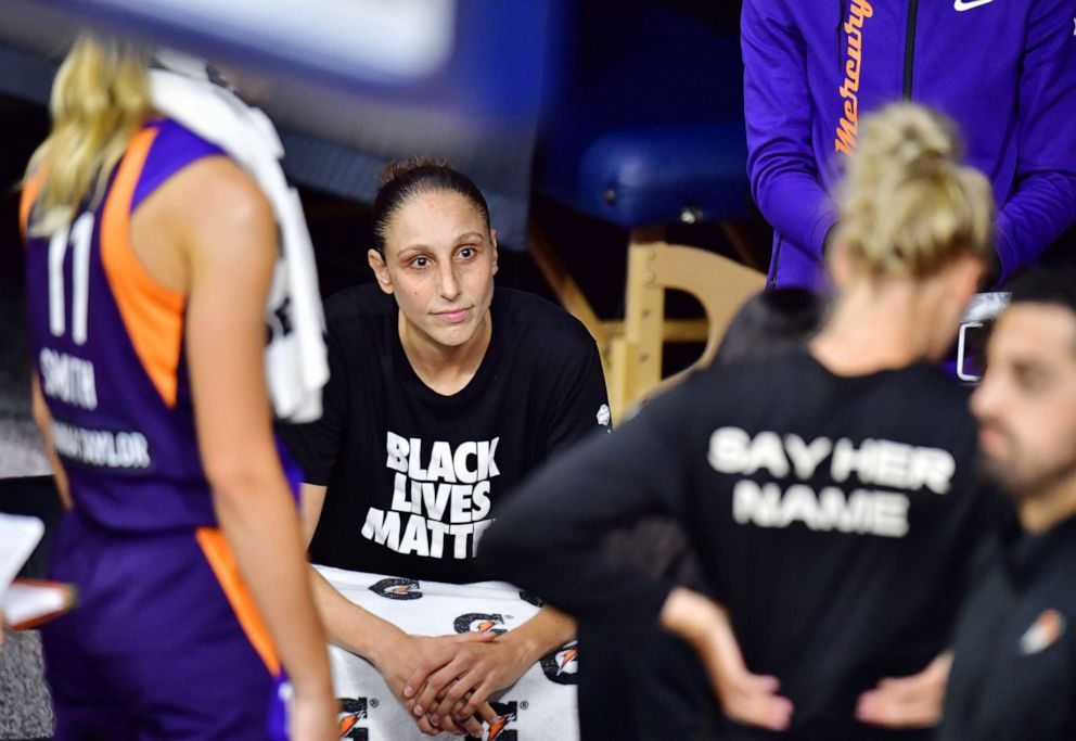 PHOTO: Diana Taurasi of the Phoenix Mercury looks on during a timeout in the first half of a game against the Los Angeles Sparks at Feld Entertainment Center on Aug. 19, 2020, in Palmetto, Fla.