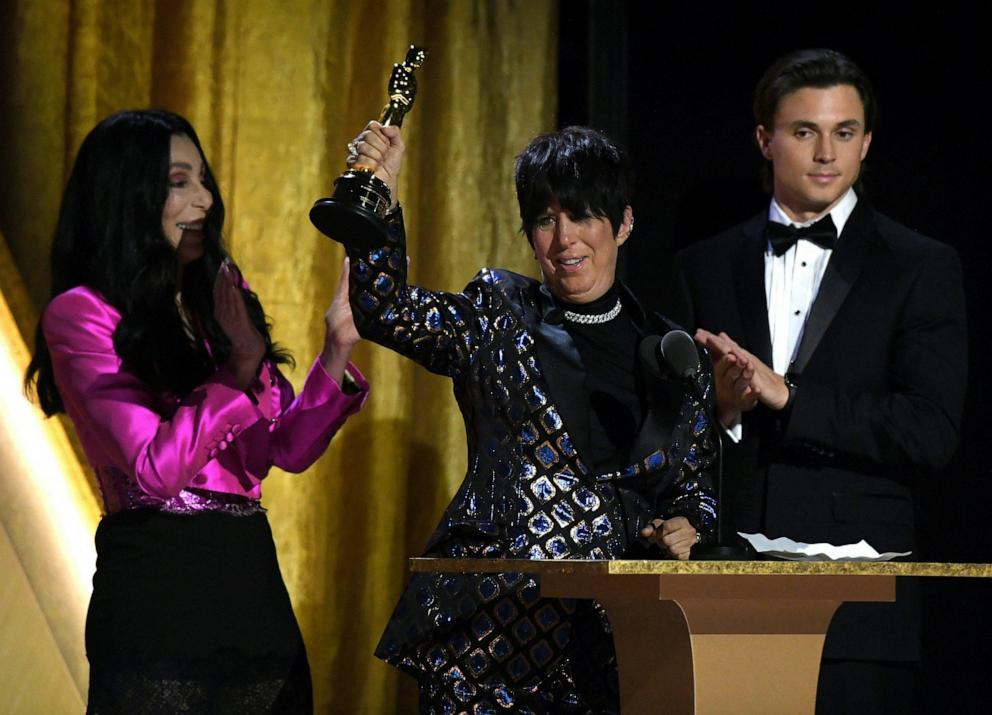 PHOTO: Diane Warren holds up her honorary Oscar next to singer-actress Cher, during the Academy of Motion Picture Arts and Sciences' 13th Annual Governors Awards at the Fairmont Century Plaza in Los Angeles, Nov. 19, 2022.