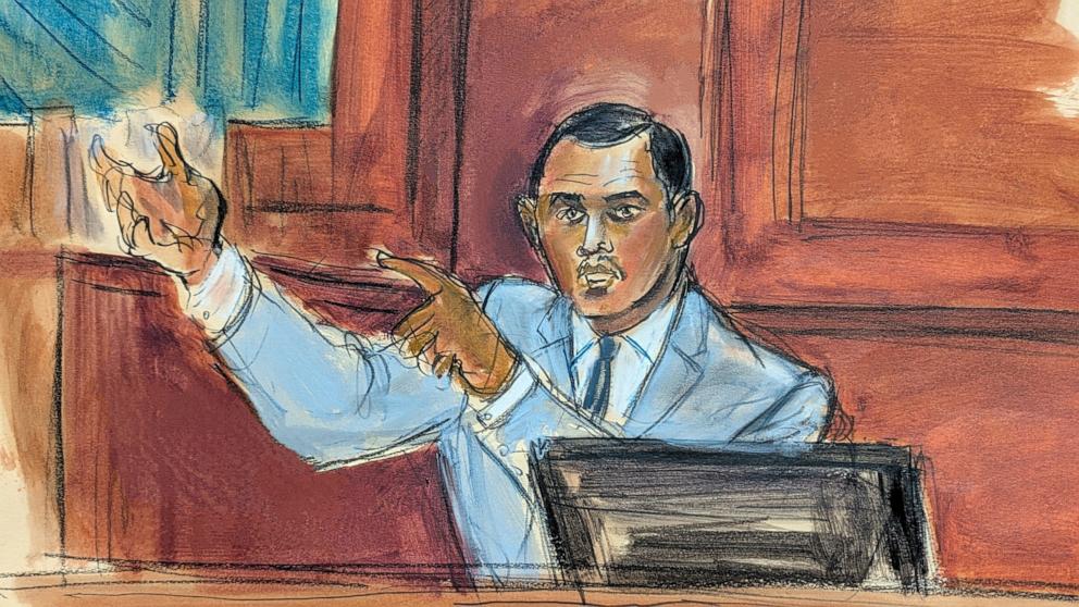PHOTO: Intercontinental Security Officer Israel Florez testifies on the witness stand in Manhattan federal court on the first day of trial, May 12, 2025, in New York. 