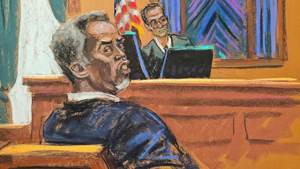 PHOTO: Sean "Diddy" Combs sits before U.S. District Judge Arun Subramanian as jury selection continued at his sex trafficking trial in New York City, New York, May 6, 2025 in this courtroom sketch.