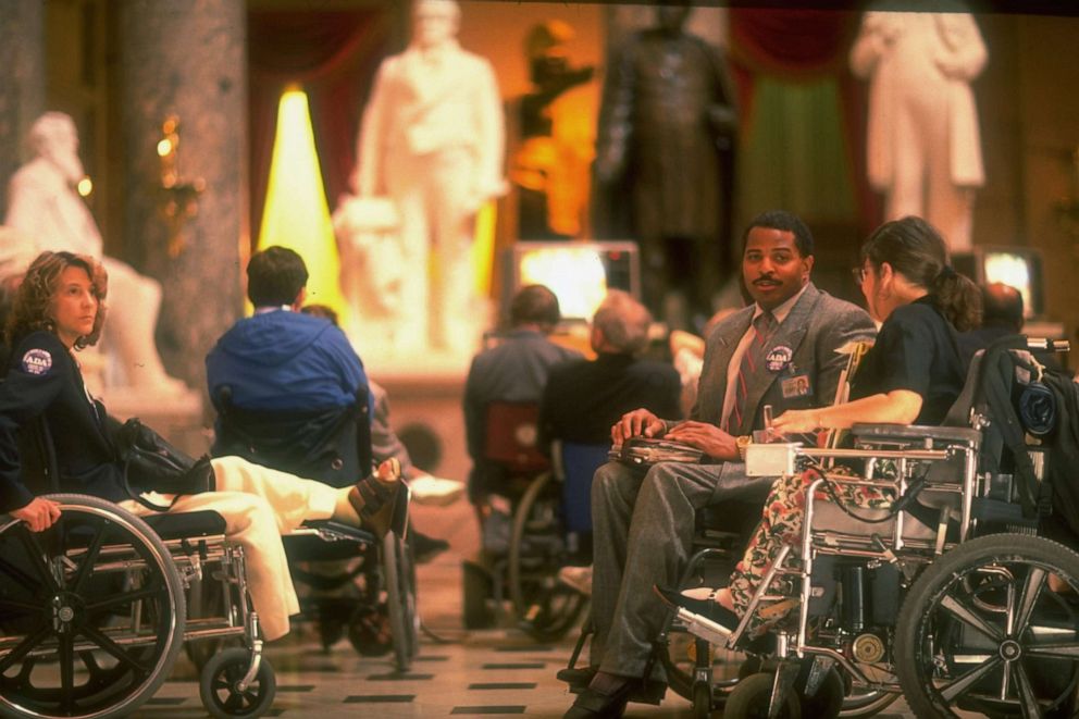PHOTO: Disabled activists on Capitol Hill, lobby Congress to approve Americans with Disabilities Act, May 17, 1990.