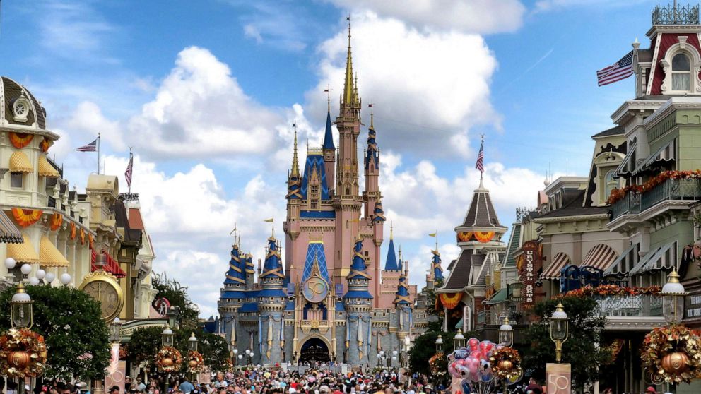 PHOTO: Crowds in front of Cinderella Castle at the Magic Kingdom on the 50th anniversary of Walt Disney World, in Lake Buena Vista, Fla., Oct. 1, 2021.
