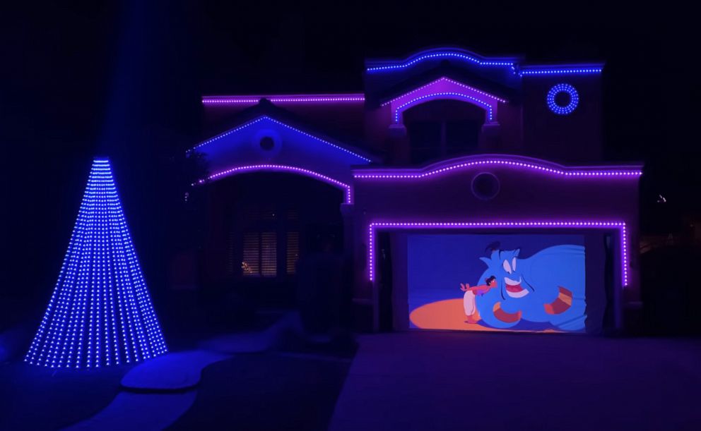 PHOTO: An image made from video shows a scene from the holiday light show put together by Rick Carrillo in El Paso, Texas, for the 2019 holidays. The show took months to plan and includes clips from classic Disney films.