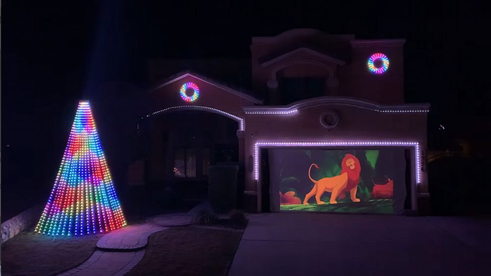 PHOTO: An image made from video shows a preview of the holiday light show put together by Rick Carrillo in El Paso, Texas, for the 2019 holidays. The show took months to plan and includes clips from classic Disney films.