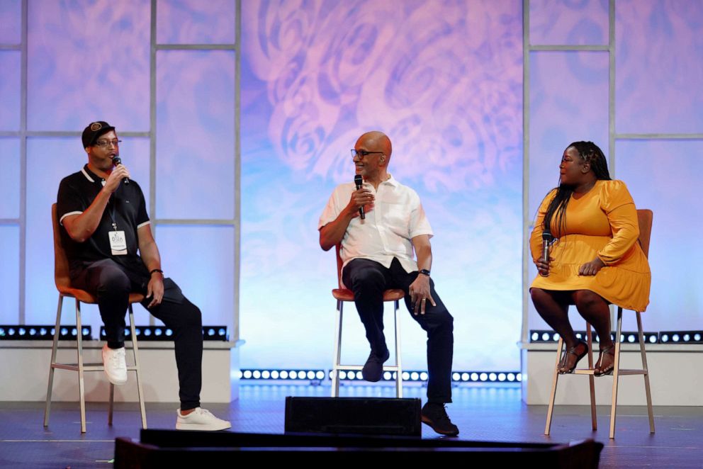 PHOTO: Bruce W. Smith,  Esu Ma'at, and Kelley Carter speak at the Disney Dreamers Academy at Walt Disney World Resort in Lake Buena Vista, Fla., March 04, 2022.