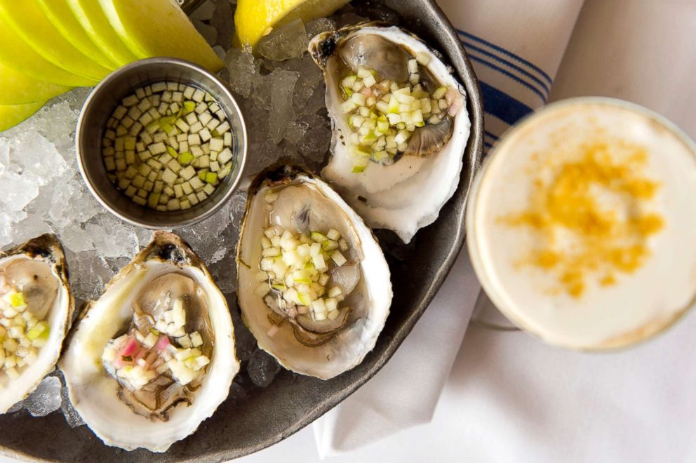 PHOTO: The Lucky Dux Oysters served on the half shell by the piece with a green apple champagne mignonette sauce.