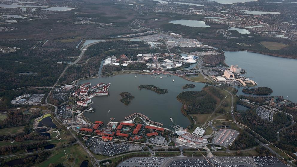 PHOTO: In an aerial view, the Walt Disney World resorts and theme park sit along the Seven Seas Lagoon on February 8, 2023 in Orlando.