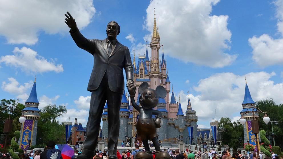 PHOTO: A statue of Walt Disney and Mickey Mouse stands in a garden in front of Cinderella's Castle at the Magic Kingdom Park at Walt Disney World, April 3, 2025, in Orlando, Fla.