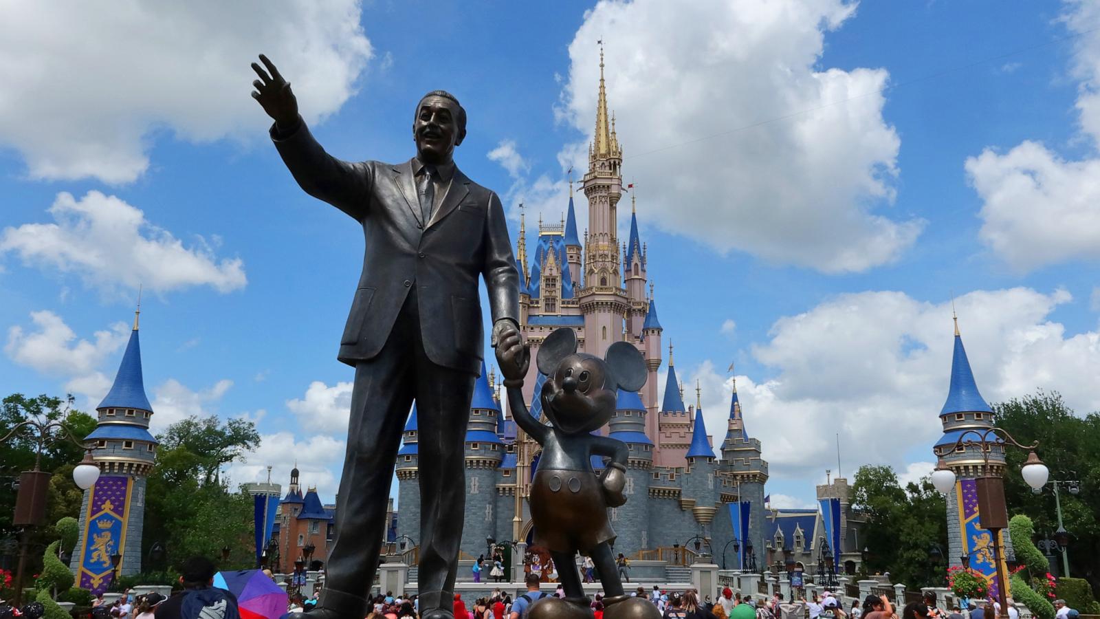 PHOTO: A statue of Walt Disney and Mickey Mouse stands in a garden in front of Cinderella's Castle at the Magic Kingdom Park at Walt Disney World, April 3, 2025, in Orlando, Fla.