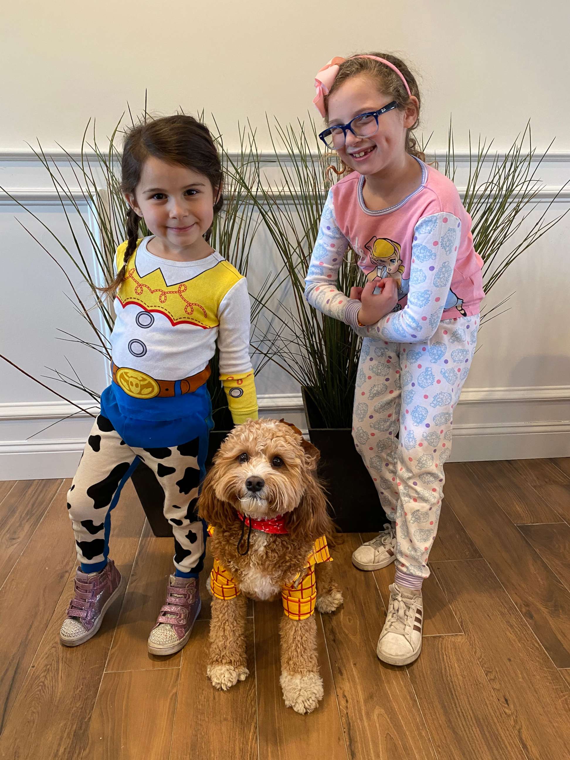 PHOTO: Summer and Sadie Gubenko from Long Island, N.Y., dress up at home with the family dog after their Disney World vacation was canceled due to coronavirus.