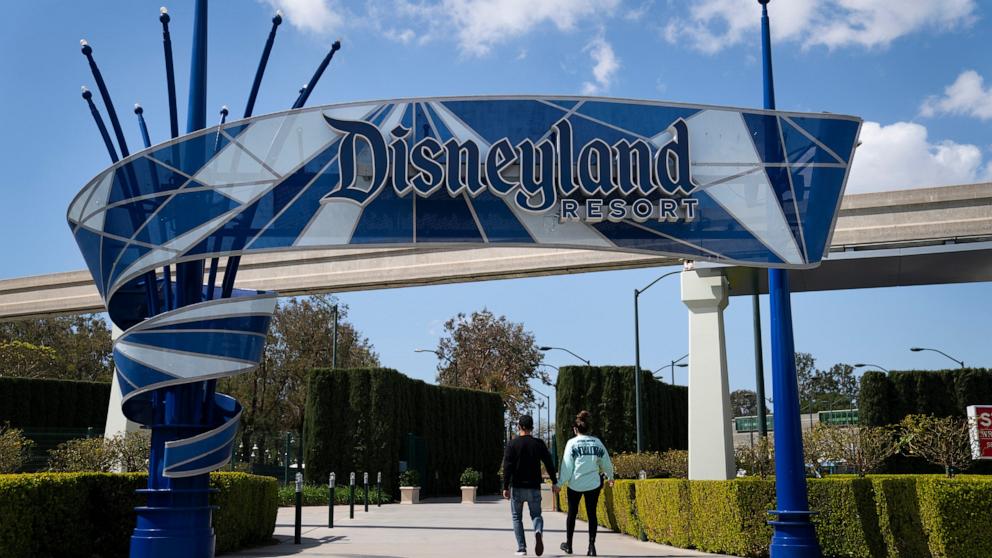 PHOTO: The Disneyland Resort entrance is seen, March 9, 2021, in Anaheim, Calif.