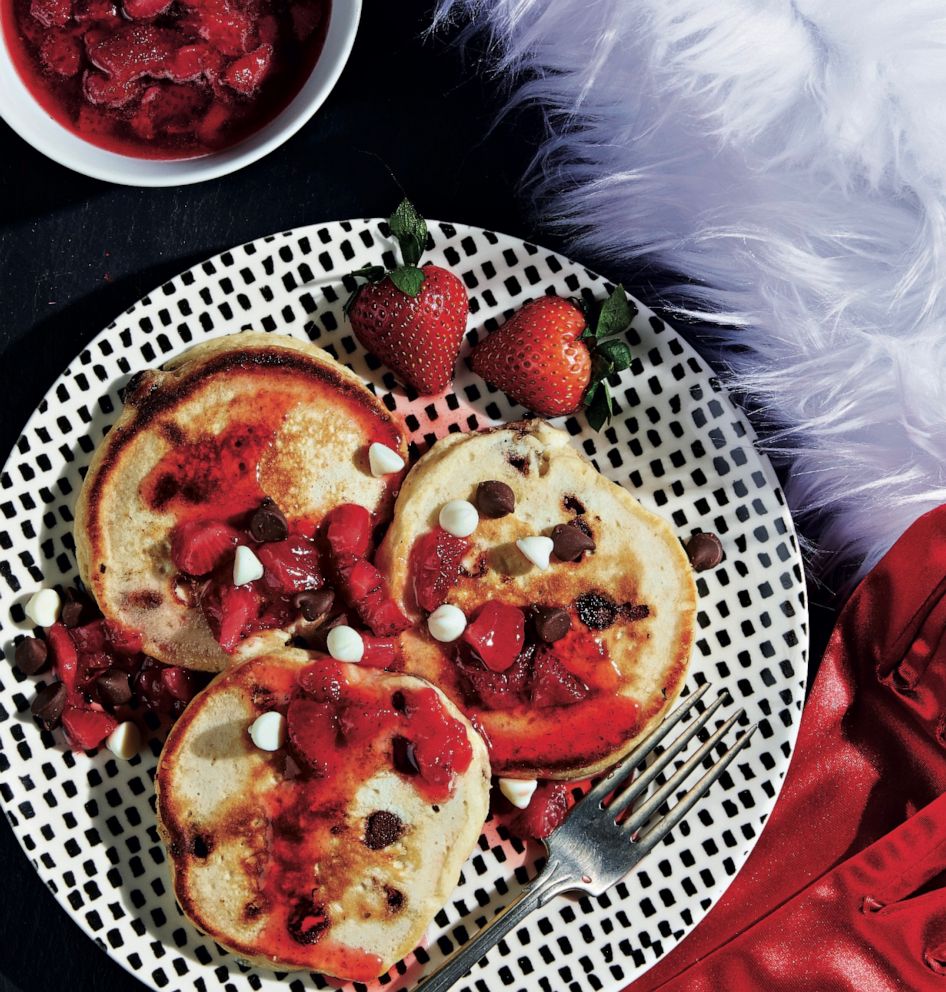 PHOTO: Cruella de Vil-inspired chocolate chip pancakes with strawberry compote.