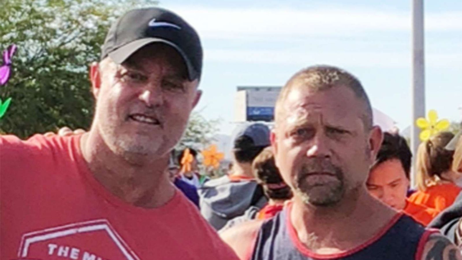 PHOTO: Jason White, right, poses for a photo with his half-brother, Dan Green, in Las Vegas, after the two met in 2017 after taking at-home DNA tests.