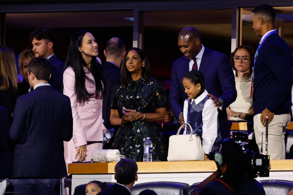 PHOTO: The family of Kamala Harris, (L to R) niece Meena Harris, sister Maya Harris husband Tony West, and stepdaughter Ella Emhoff watch the first day of the Democratic National Convention at the United Center on August 19, 2024, in Chicago.