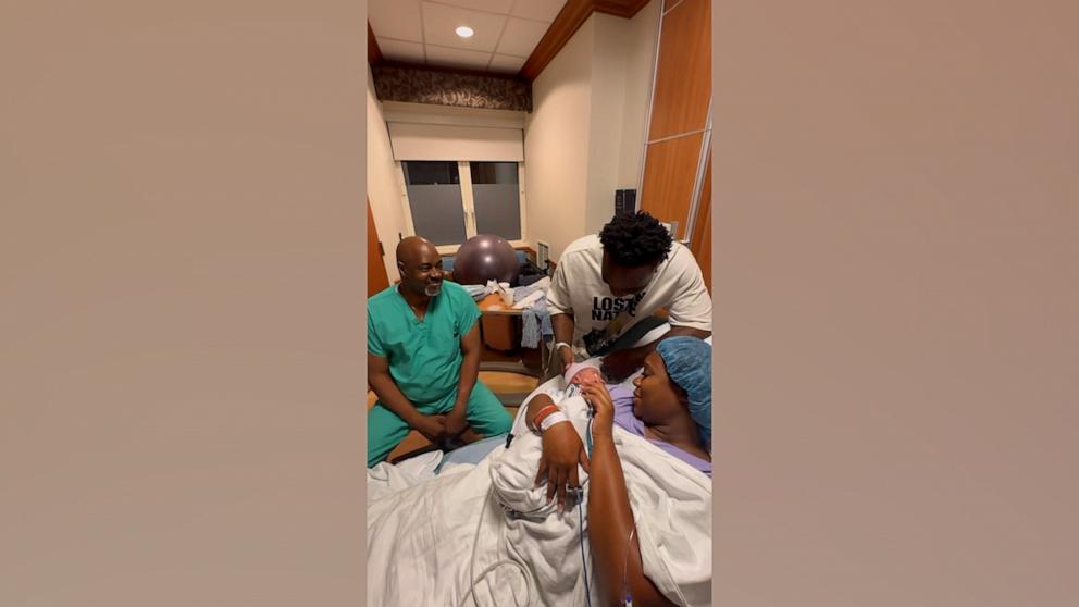 PHOTO: Soneasha Baker and husband George Baker posted an Instagram video of Dr. Richard Bridgewater speaking words of affirmation to their baby after he delivered him.