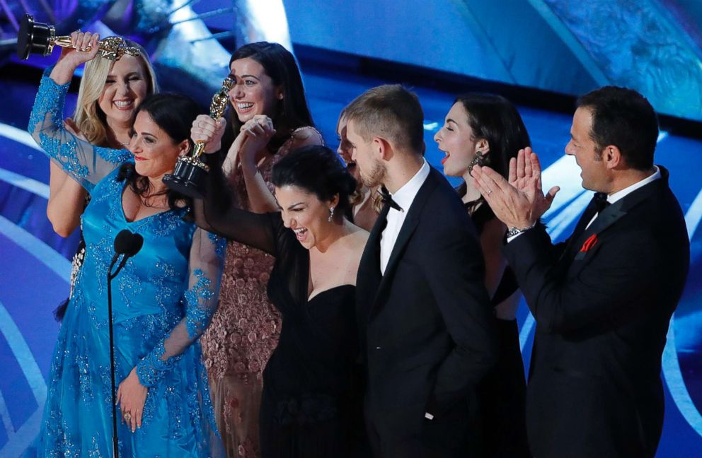 PHOTO: Rayka Zehtabchi and Melissa Berton accept the Best Documentary Short Subject award for "Period. End Of Sentence"at the Oscars, Feb. 24, 2019 in Los Angeles.