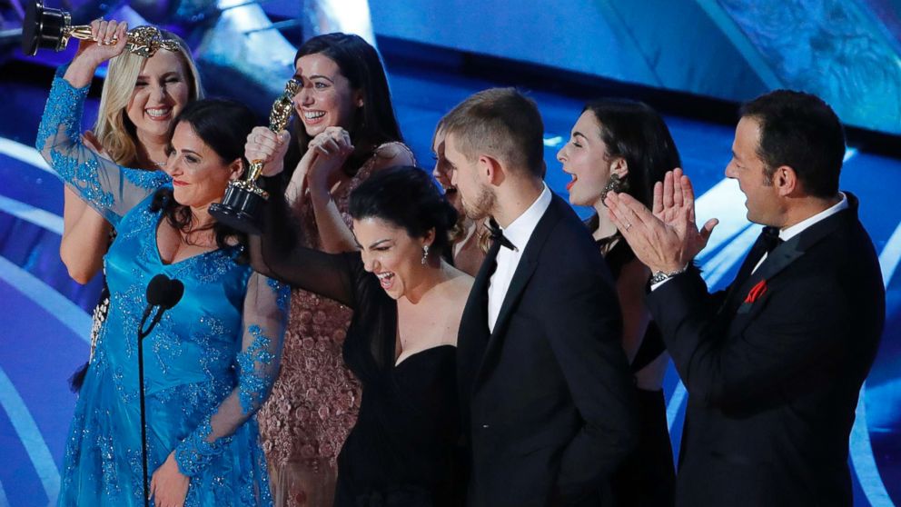 PHOTO: Rayka Zehtabchi and Melissa Berton accept the Best Documentary Short Subject award for "Period. End Of Sentence"at the Oscars, Feb. 24, 2019 in Los Angeles.