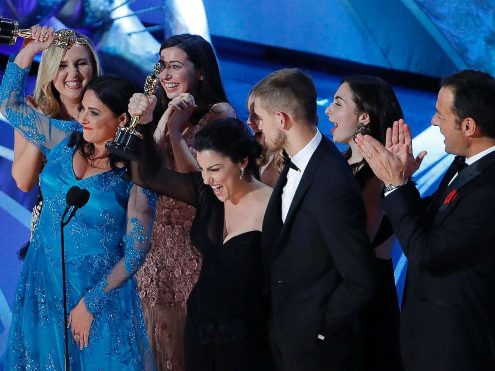 PHOTO: Rayka Zehtabchi and Melissa Berton accept the Best Documentary Short Subject award for Period. End Of Sentenceat the Oscars, Feb. 24, 2019 in Los Angeles.