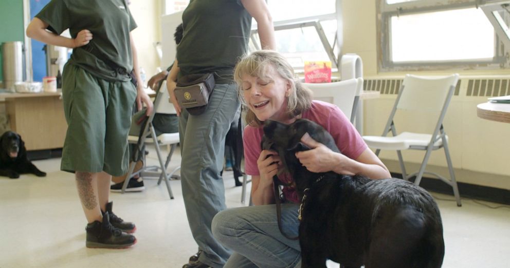 PHOTO: Jeanne Meyer greets her new dog Angel, who she received from the program Puppies Behind Bars. 