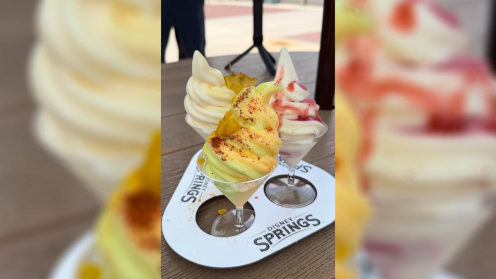 PHOTO: The Dole Whip Sampler at Swirls on the Water features three flavors. The latest is a fruit-forward delight made of mango, strawberry and pineapple Dole Whip.