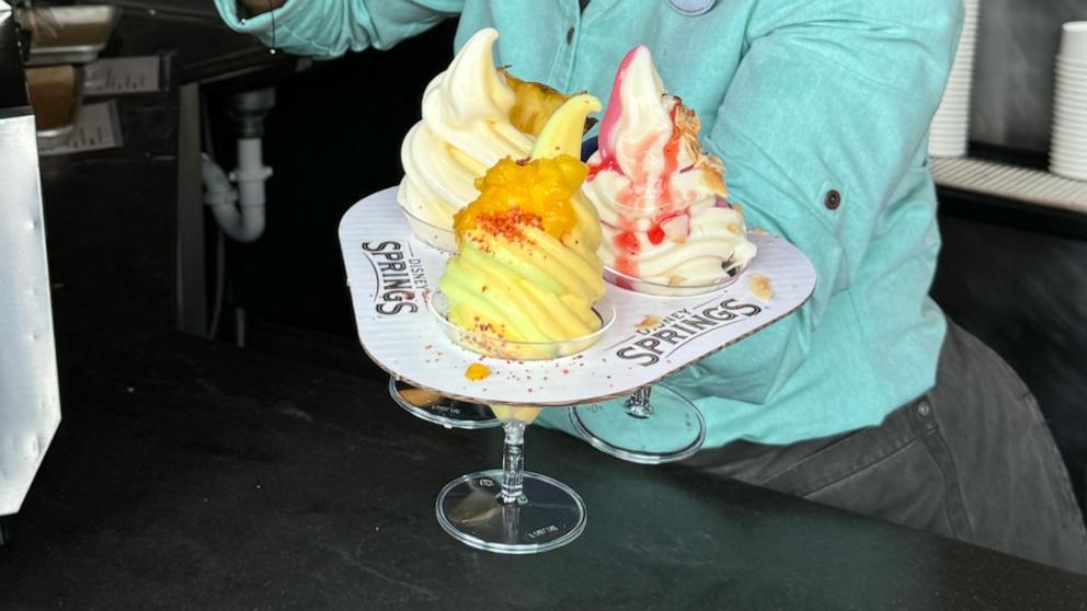 PHOTO: The Dole Whip Sampler at Swirls on the Water features three flavors. The latest is a fruit-forward delight made of mango, strawberry and pineapple Dole Whip.