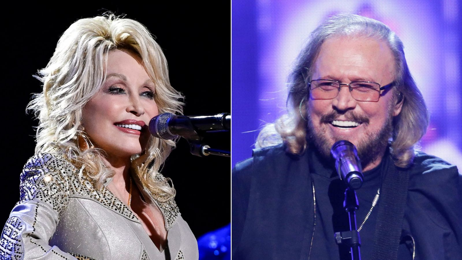 PHOTO: Dolly Parton sings at the Grand Old Opry in Nashville, Oct. 12, 2019 | Barry Gibb sings at an event in Los Angeles, Feb. 14, 2017.