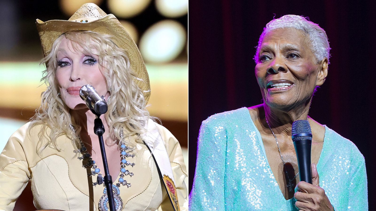 PHOTO: Dolly Parton performs on March 7, 2022 in Las Vegas. Dionne Warwick performs on stage Dec. 21, 2022 in Vancouver.