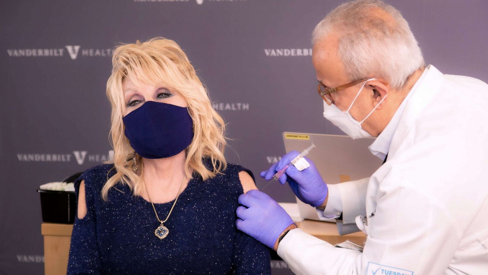 PHOTO: Singer Dolly Parton receives a COVID-19 vaccination shot at Vanderbilt University Medical Center in Nashville, Tenn., March 2, 2021.