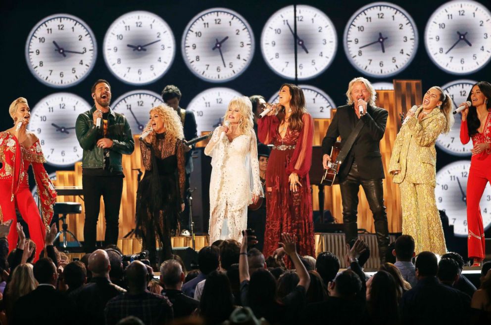 PHOTO: Katy Perry, Phillip Sweet, Karen Fairchild, Dolly Parton, Kimberly Schlapman, Jimi Westbrook, Miley Cyrus and Kacey Musgraves perform "9 to 5," at the 61st Grammy Awards, Feb. 10, 2019.