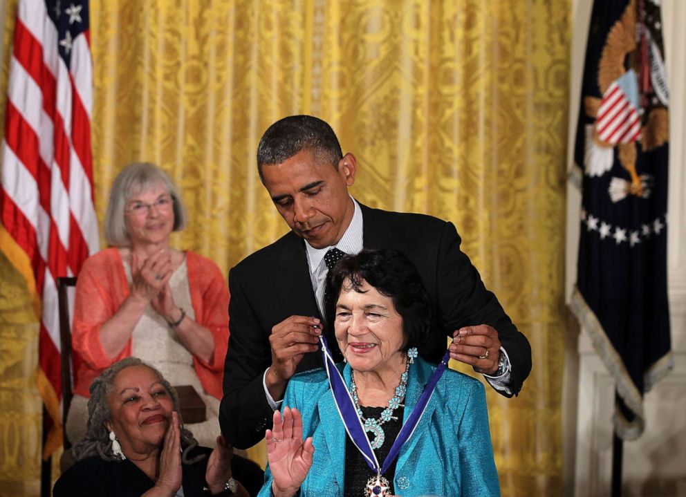 PHOTO: Civil rights and women's advocate Dolores Huerta is presented with a Presidential Medal of Freedom by President Barack Obama during an East Room event at the White House in Washington, May 29, 2012.