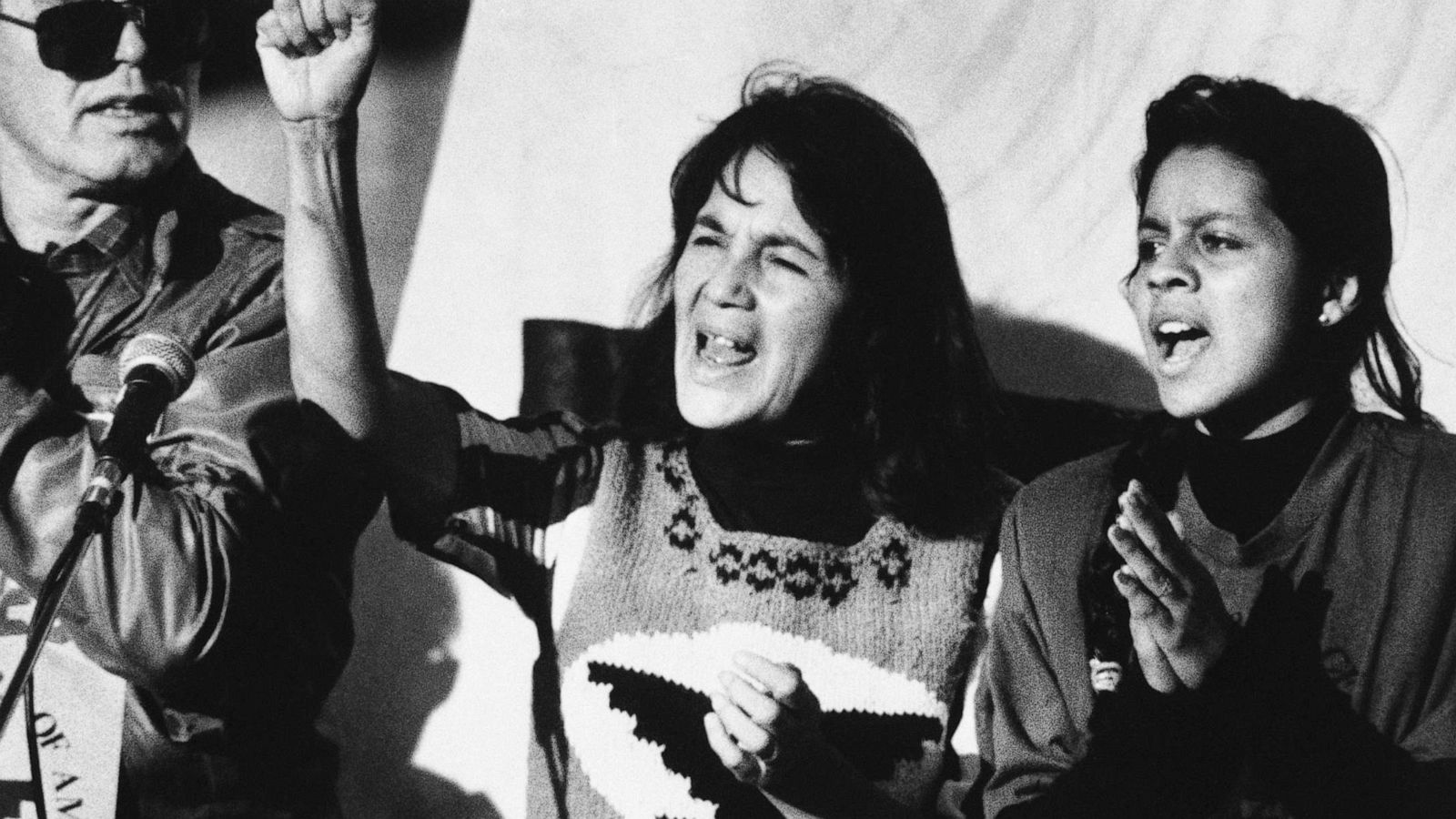 PHOTO: United Farm Workers leader Dolores Huerta, center, leads a rally in San Francisco's Mission District, Nov. 19, 1988. Huerta was at the helm of the first successful collective bargaining agreement for basic rights for farm workers.