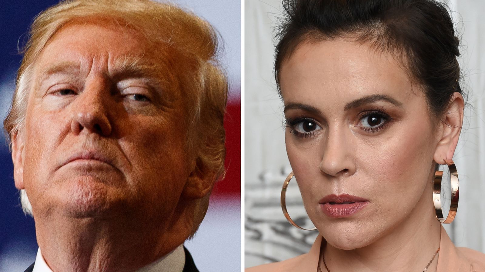 PHOTO: President Donald Trump speaks in Las Vegas on Sept. 20, 2018 and Alyssa Milano appears at an event in New York, Aug. 7, 2018.