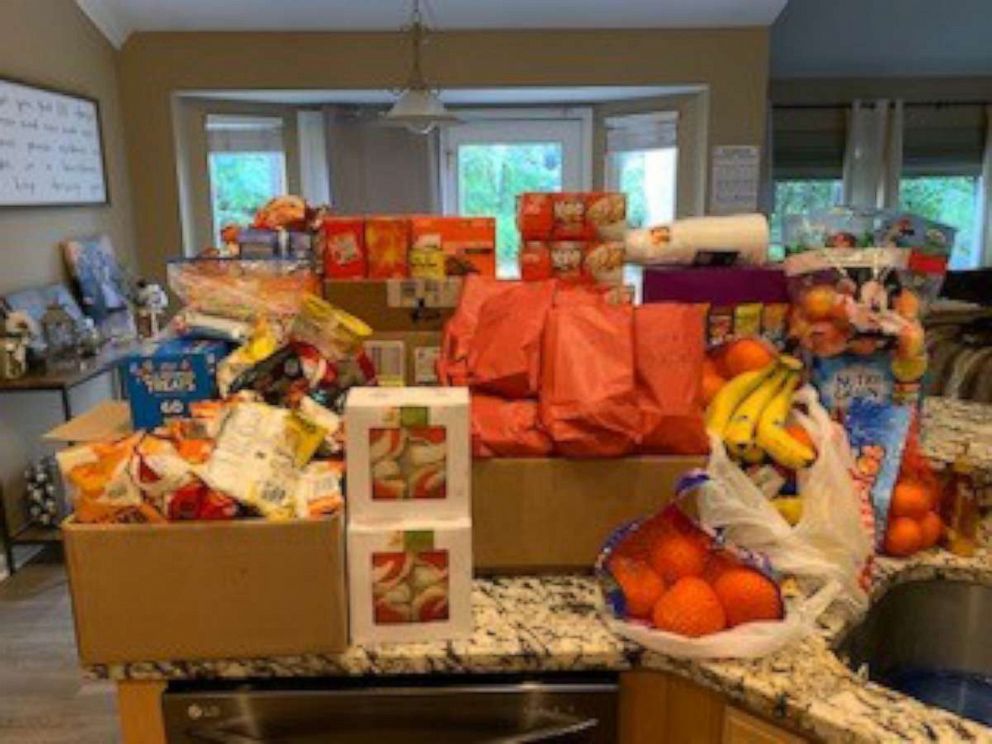 PHOTO: Food donated for the Hughes High School football team is pictured in Dana Gendreau's home in Cincinnati, Ohio.