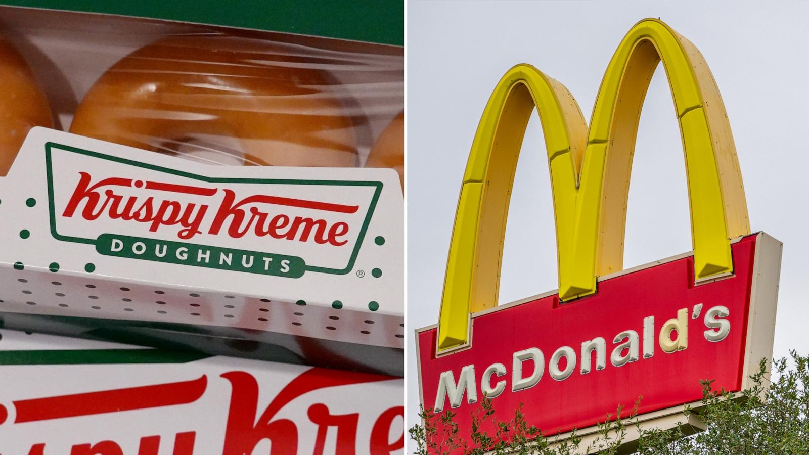 PHOTO: Original Glazed doughnuts are sold at a Krispy Kreme store on May 05, 2021 in Chicago. | A McDonald's store sign is seen on Oct. 30, 2023 in Austin, Texas.