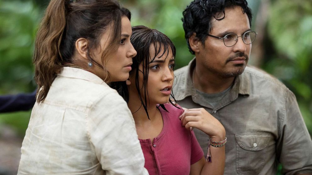 Eva Longoria, Isabela Moner and Michael Pena star in Paramount Pictures' 2019 film, "Dora and the Lost City of Gold."