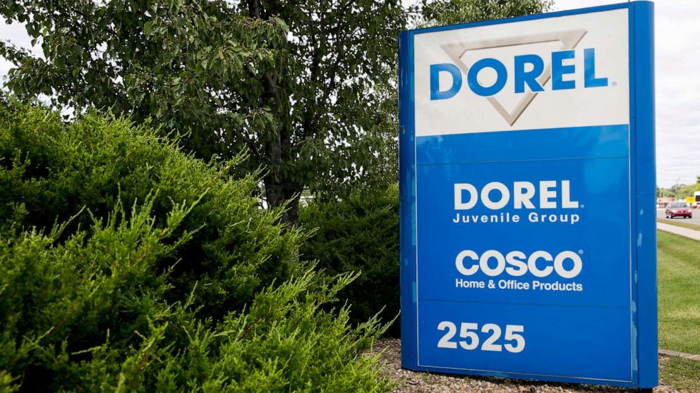 PHOTO: In this August 25, 2015 file photo, a sign is shown outside a facility occupied by Dorel Industries Inc., in Columbus, Indiana.