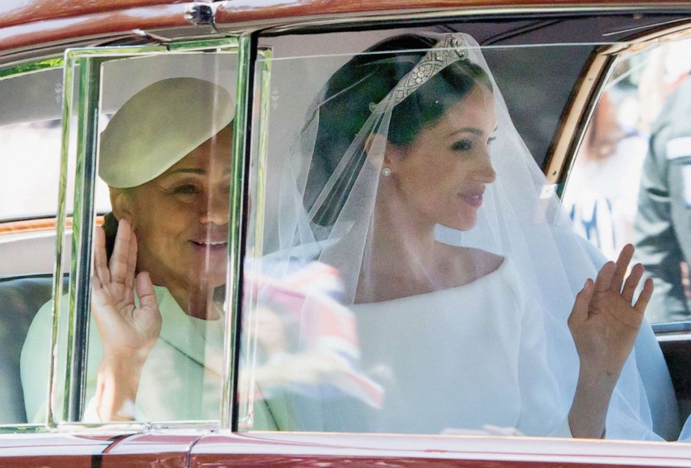 PHOTO: Meghan Markle (right) with her mother Doria Ragland at Windsor Castle ahead of her wedding to Prince Harry on May 19, 2018, in Windsor, England.
