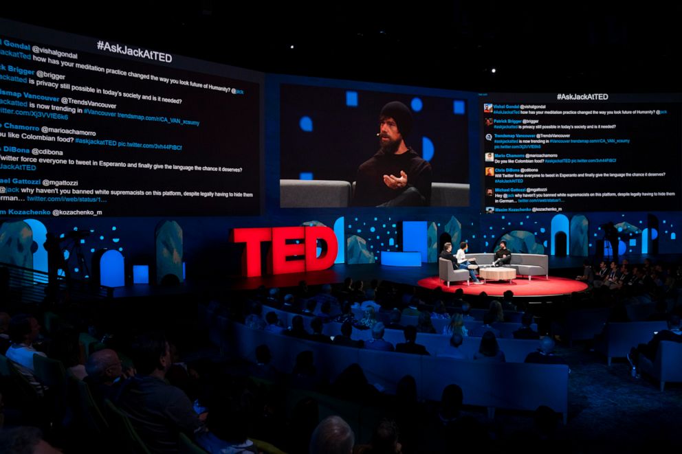 PHOTO: Hosts Chris Anderson and Whitney Pennington Rodgers speak with Jack Dorsey at TED2019: Bigger Than Us. April 15 - 19, 2019, in Vancouver, April 16, 2019. 